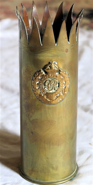 Trench Art Shell Vase with Royal Engineers Emblem on Front - Zig Zag Top with Engraved "X" Details Also Engraved 1942 - Signal Service Bedford - Emblem Says "Honi Soit-Qui-Mali- y- Pennse" - Shell...