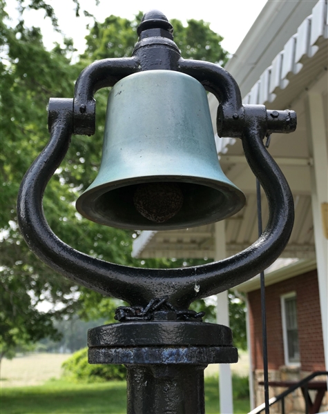 Iron and Brass Ship Bell - On Iron Post - Bell Measures 6" Across Underside of Bell - Buyer Must Remove - Post Is Set in Concrete 