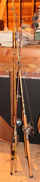 4 Vintage Fishing Rods - 3 With Reels - 1 Deep Sea Rod, Penn Long Beach 67 Reel, Ocean City Free Spool Reel, and Mitchell 402 Salt Water
