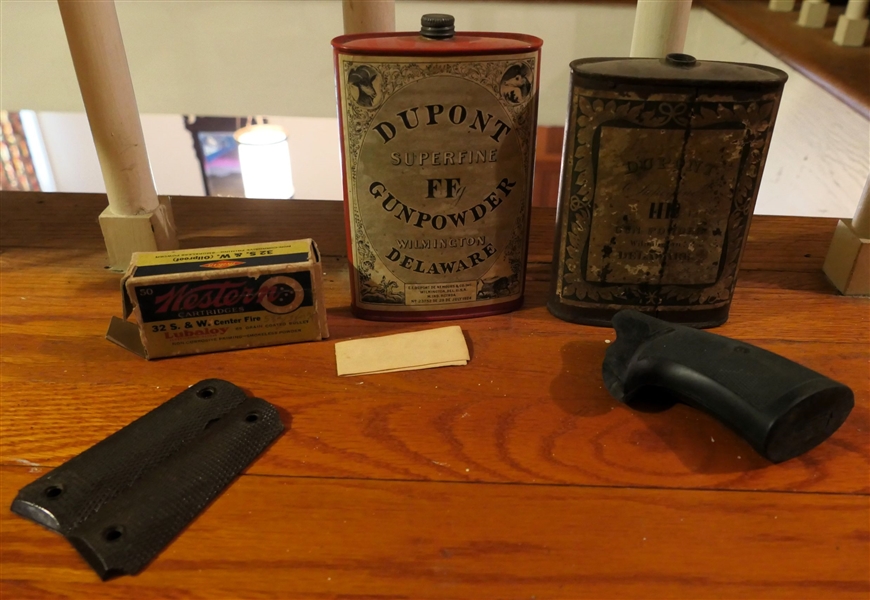 2 Tins of Gun Powder, 2 Pairs of Pistol Grips, and Paper Western 32 Bullet Box