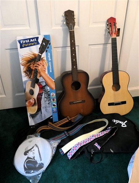 First Act "Discovery" Acoustic Guitar in Original Box,2 Non- Branded Acoustic Guitars, 3 Guitar Straps, Fender Soft Case, and Banjo Skin