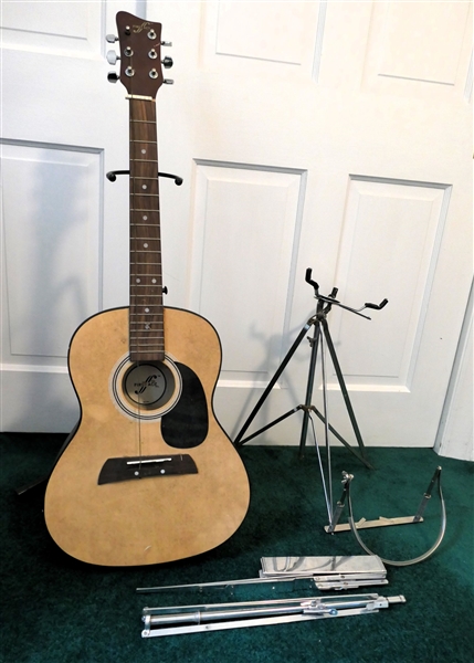 First Act Small Acoustic Guitar, Guitar Stand, and Chrome Music Stands - Curved Stand Made in Germany