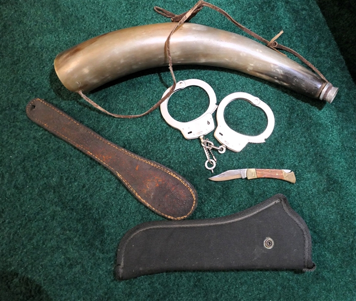 Horn Powder Horn, Smith & Wesson Hand Cuffs with Key, Pakistan Folding Pocket Knife, Holster, and Black Jack 