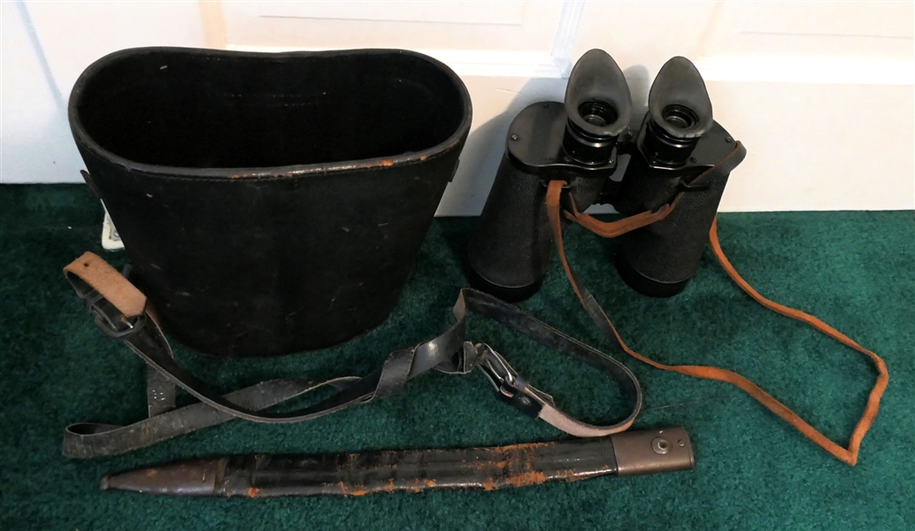 US Navy Binoculars Mark 28 - B&L No. 61 - 21- 57 - 7x50 Power in Case and Leather and Brass Bayonet Sheath 