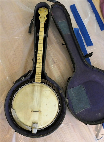 4 String Blue Grass Banjo - Inlaid Wood Back - Repair to Neck - See Photos - 