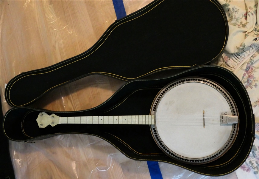 4 String Banjo - Inlaid Band Around Outside - Pegs Marked PAGE PAT. - In Guitar Case 