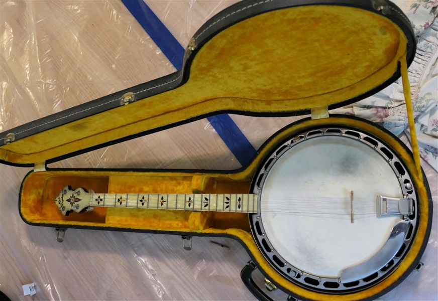 1930s Kel Kroydon  Banjo - Stencil Decorated Neck, Top, and Back - 4 Strings - In Banjo Case 4 ply - 1 bar - 1074 stamped on neck 
