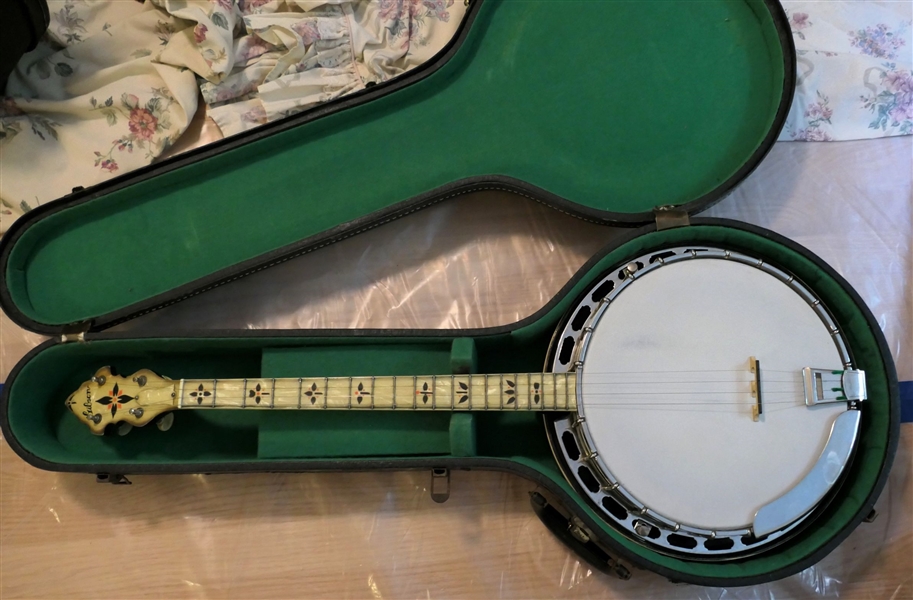 Gibson 4 String Banjo - Stencil Decorated Head Stock, Neck, and Back - In Gibson Case - Bride and Tailpiece Marked Grover 