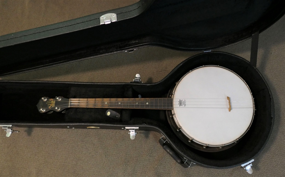 Stella 4 String Banjo Applied Gold Decoration on Back and Head Stock - In Nice King Hard Case