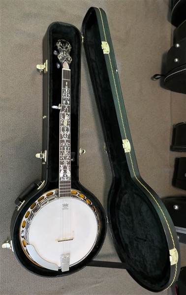 Incredibly Beautiful 5 String Banjo - Mother of Pearl inlaid Head Stock, Neck, and Back - Instruments, Butterflies, and Flowers -Blue Wood -  Scroll Decorated Neck - In Fitted Hard Case