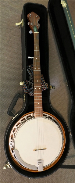 5 String Banjo in Nice Hard Case  With Strap - Body Is Loose From Back - 