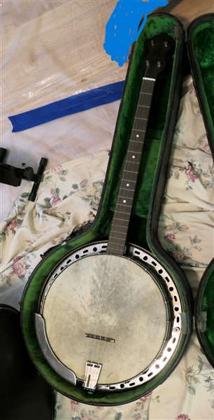 4 String Banjo in Vintage Case - Green Velvet Lined - Some Rough Places on Outer Case 