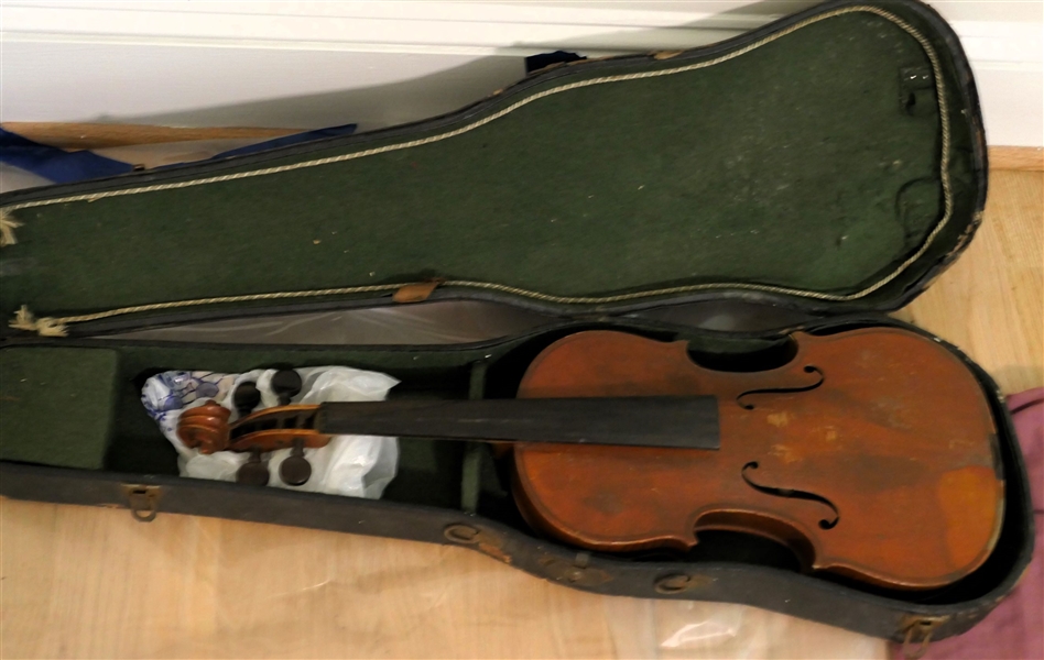 Full Size Violin "A Copy of Antonio Stradivarius" Made in Germany - Missing Strings and Bridge - No Bow - Case is Rough - 