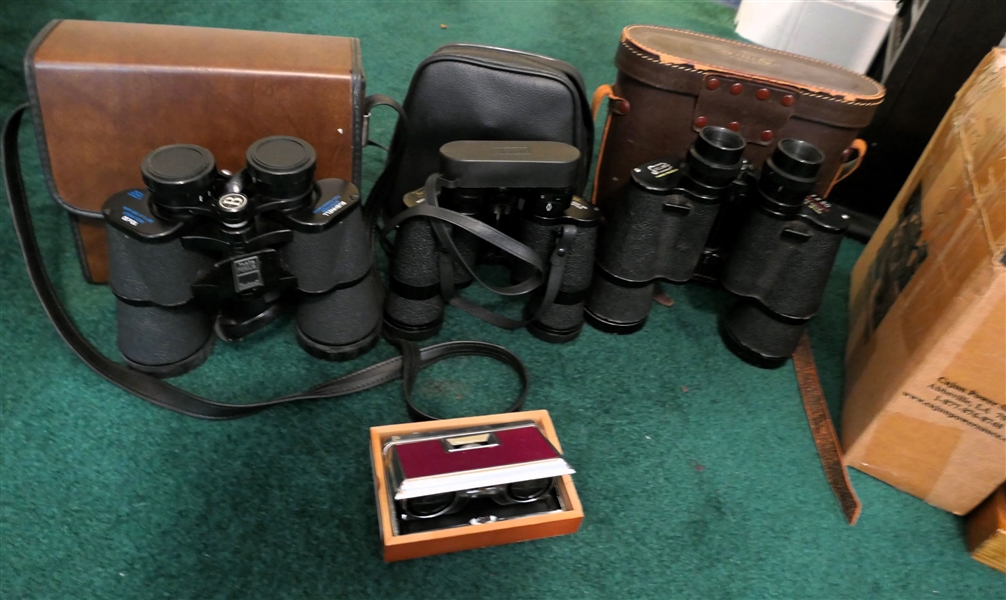 4 Pairs of Binoculars including Stellar 7x 50, Sears 7 x 35, Bushnell 10 x 50 and Made in Japan Pocket Binoculars - Strap in Stellar Case is Broken 