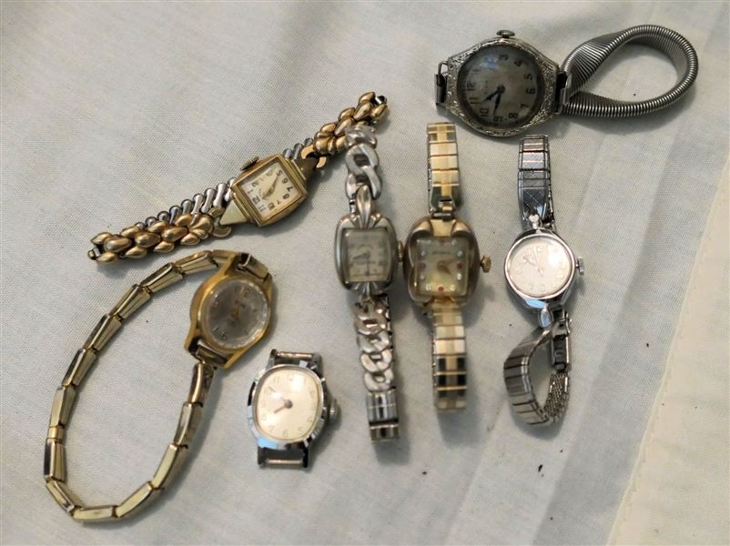 7 Ladies Wrist Watches including Hamilton Illinois, Benrus, Elgin, Timex, and Velma
