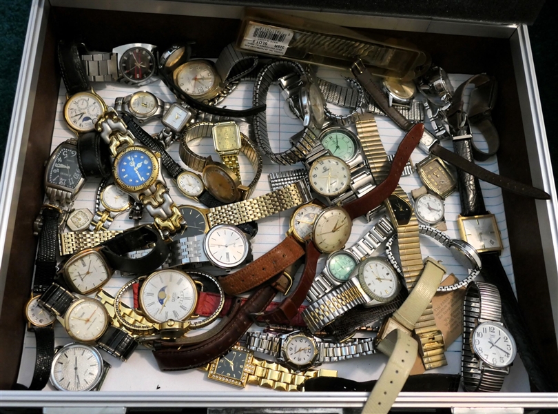 Nice Nova Hard Case Full of Wristwatches - including Pulsar, Waltham, Timex with Unusual Red Stripes, Adrienne, and Many Others