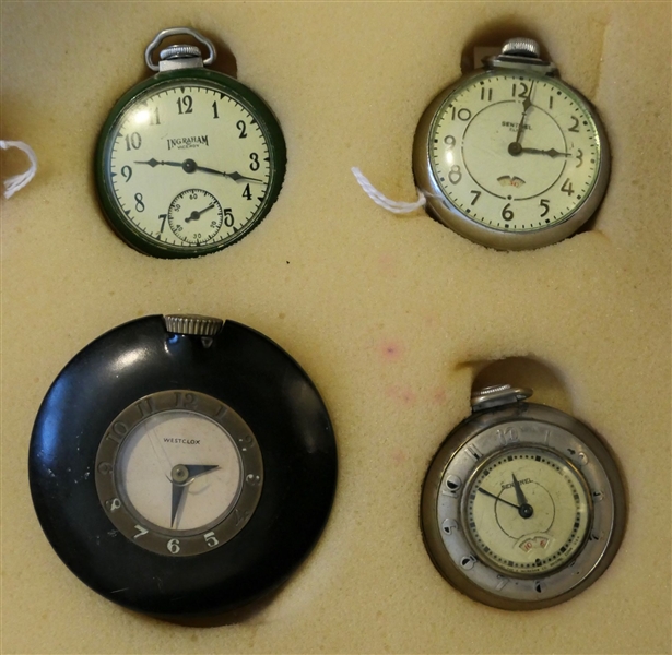 4 - Pocket Watches - Ingraham Viceroy -Red and Green Watch, Sentinel, Sentinel Half Hunter, and Westclox Disc Clock 