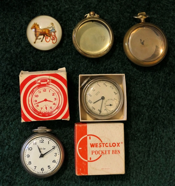 2 - Westclox Pocketwatches in Original Boxes - Pocket Ben and Bulls Eye, 2 Pocket Watch Cases, including Gold Filled Railroad Case, and Domed Pin with Horse and Cart