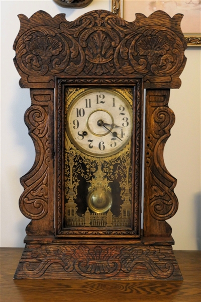 Nice Oak Kitchen Clock with Fancy Pendulum - Gold Decorated Door - Measures 23" tall 