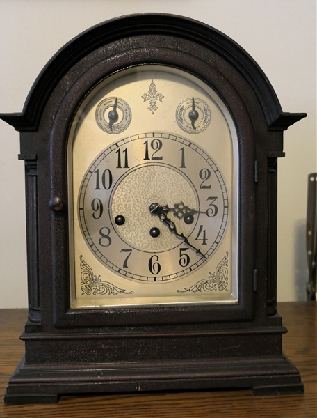 Seth Thomas Clock USA Chiming Clock - Measures 14" tall 11" by 7 1/2" - Clock Has Key - Missing Pendulum 