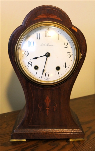Seth Thomas Inlaid Balloon Mantle Clock - Measures 12" tall 7" by 4 1/2" - Small Area of Veneer Missing Near Top - No Key