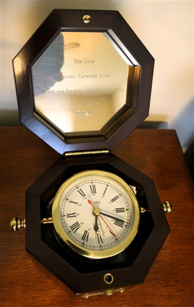 Bulova Quartz Presentation Desk Clock in Case - Presented to Tim Love - Case Measures 4" tall 5 3/4" by 5 3/4"