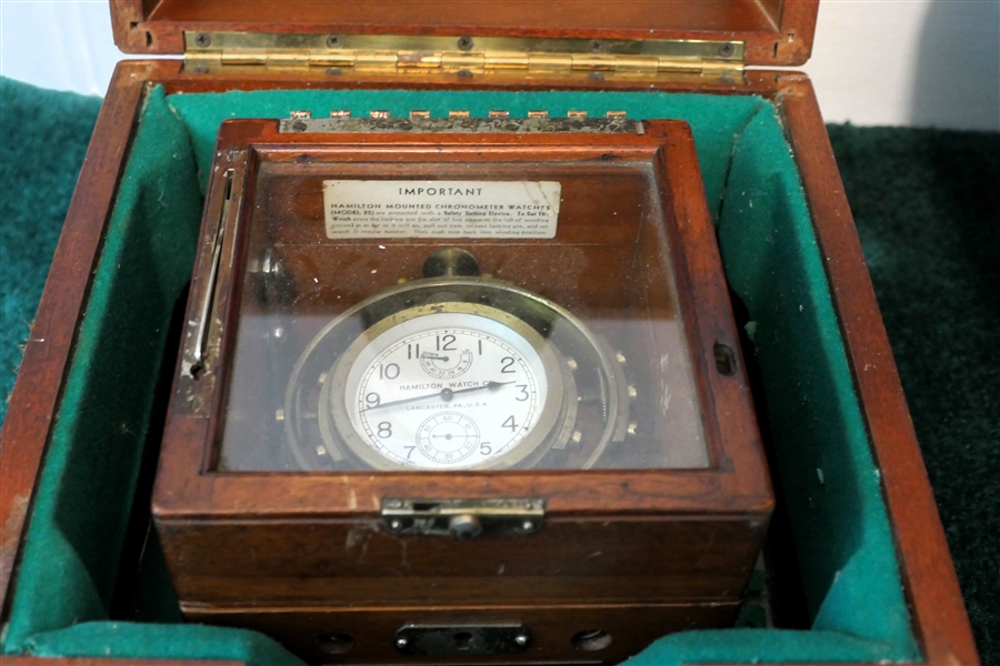 WWII - 1941 - Hamilton Mounted Chronometer Watch - 397 - Model 22 in Wood Case with Outer Wood Box - Back of Case Marked MTD Watch Bureau of Ships  - US Navy- 397-1941 - Wood Case Has Glass Top -...