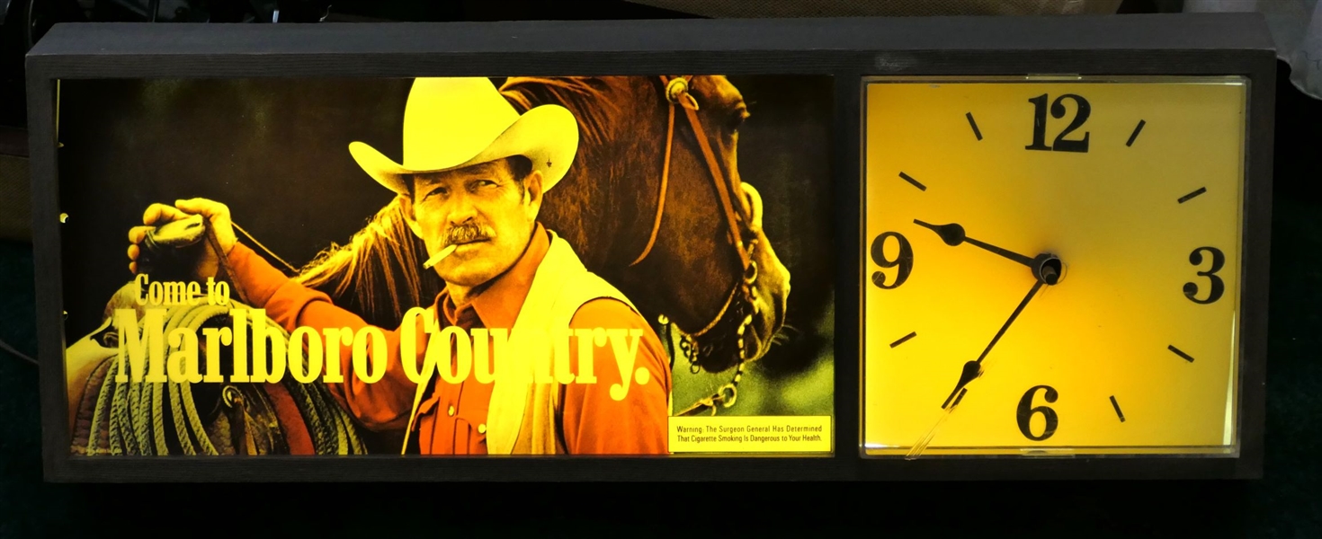 Marlboro Country Marlboro Man Lighted Clock -Light and Clock Both Work -  Clock Measures 9" tall 24 1/2" by 4"