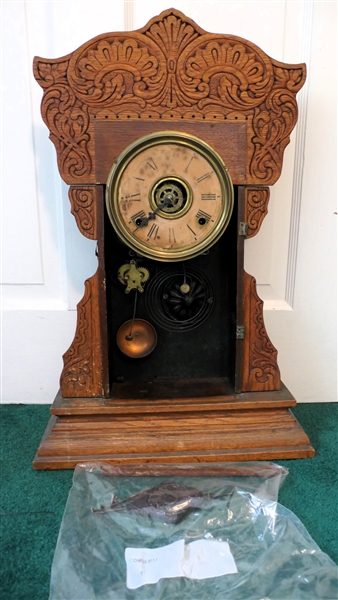 Oak Mantle Clock Parts - Oak Case with Bell and Some Assorted Parts 