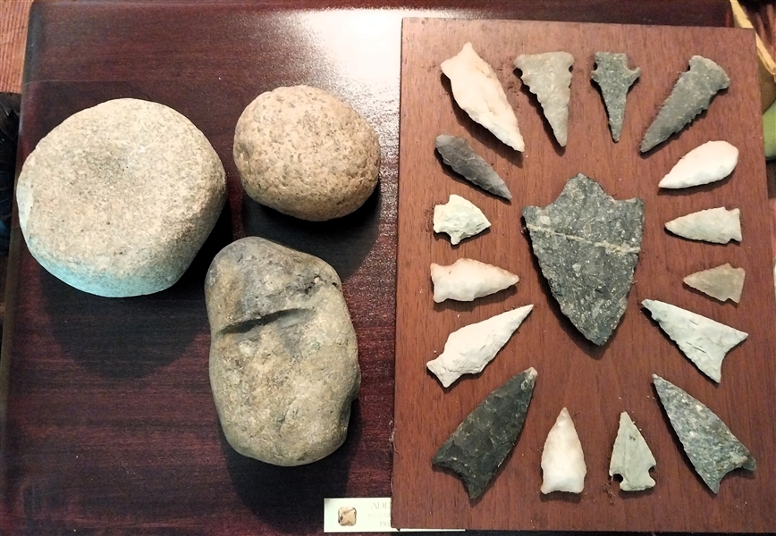Collection of Indian Artifacts - Arrowheads on Plaque and Rocks