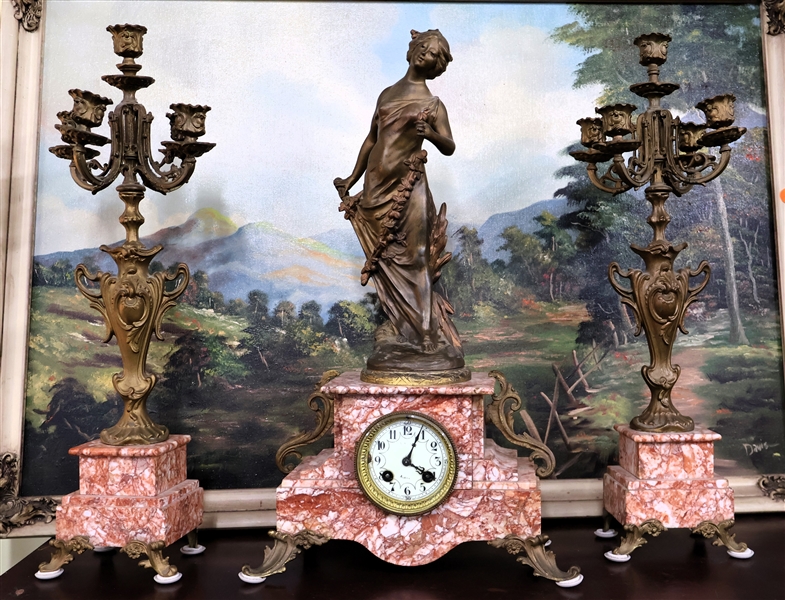 Mantle Set - Onyx Based Clock and Pair of 5 Light Candelabras