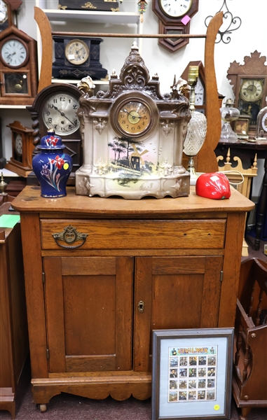 Oak Wash Stand, Porcelain Clock, Collectibles, and More
