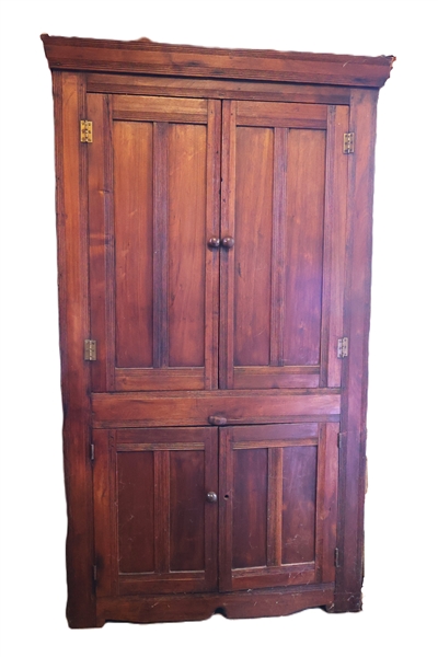 Country Oak Pegged Corner Cupboard With Blind Paneled Doors - Wood Fixed Shelves Inside - Measures 76" Tall 43" by 18"