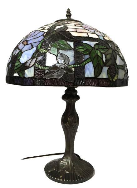 Nice Leaded Glass Lamp with Blue  Morning Glory Flowers - Measures 21" Tall  - Top is Slightly Dented