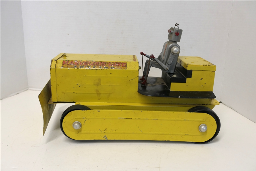Marvelous Mike Tractor - Bulldozer with Robot Driver - Measures 9" Tall 13" Long - Missing Tracks - Played With Condition 