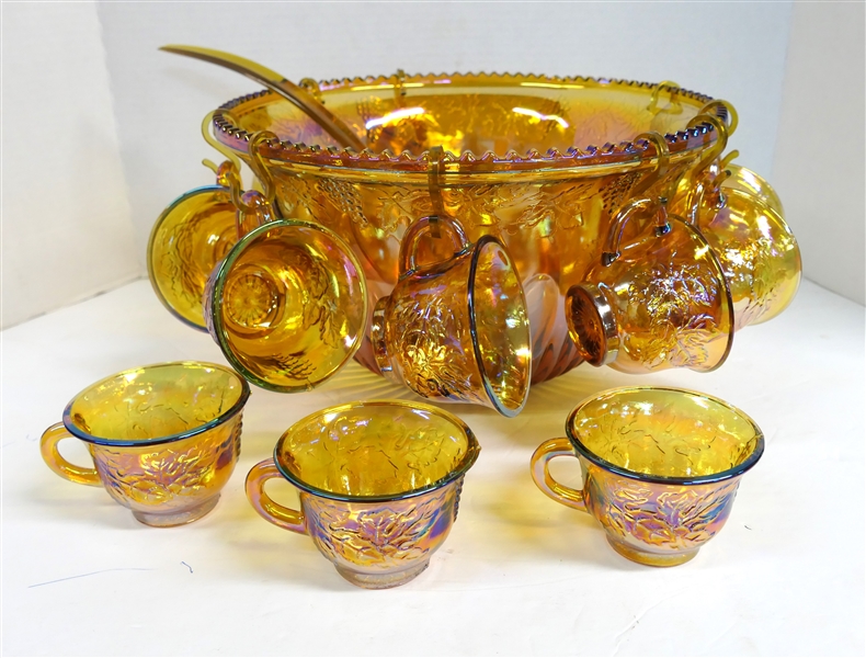 Indiana Glass Amber Carnival Harvest Punch Bowl, 12 Punch Cups, and Amber Plastic Ladle  - Punch Bowl Measures 7" tall 12" Across