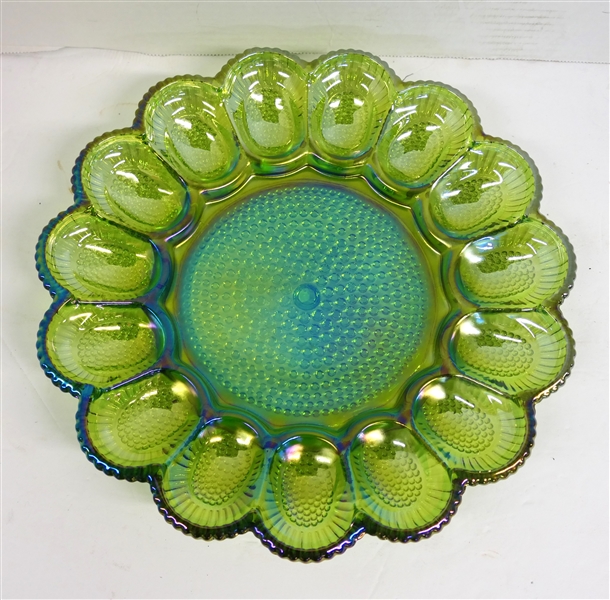 Lime Green Carnival Glass Egg Plate - Measuring 11 1/4" Across
