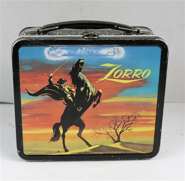 Zorro Metal Lunch Box - Aladdin Industries Nashville, Tenn. - Original Aladdin School  Lunch Kit Label on End - Missing Thermos 