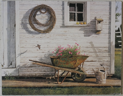 Daniel Doss Print on Board of Wheelbarrow of Petunias - Measures 18" by 23"