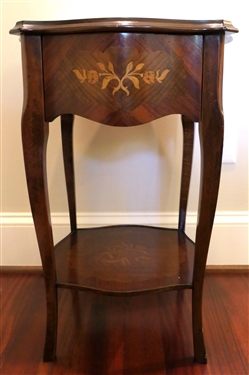 Beautiful Inlaid Side Table with Drawer - French Style - Inlaid Leaves and Flowers - table Measures 25" Tall 15" by 16"