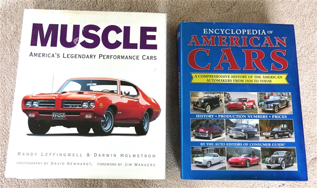"Encyclopedia of American Cars" Hard Cover Book with Dust Jacket and "Muscle - Americas Legendary Performance Cars" by Randy Leffingwell & Darwin Holmstrom - Hard Cover with Dust Jacket