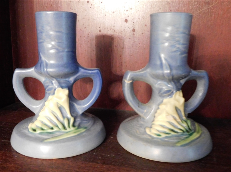 Pair of Roseville Freesia 4 1/2" Candle Sticks - #1161 - 1 Is Good Other Has Been Damaged and Repaired