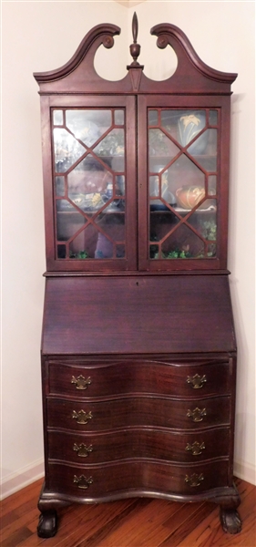 Mahogany Serpentine Front  Secretary  - Broken Arch Top - Ball and Claw Feet -79" 29" by 16" - Not including Crest