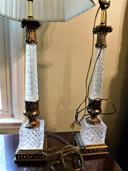 Pair of Crystal and Metal Table Lamps - Missing 1 Shade - 34" tall