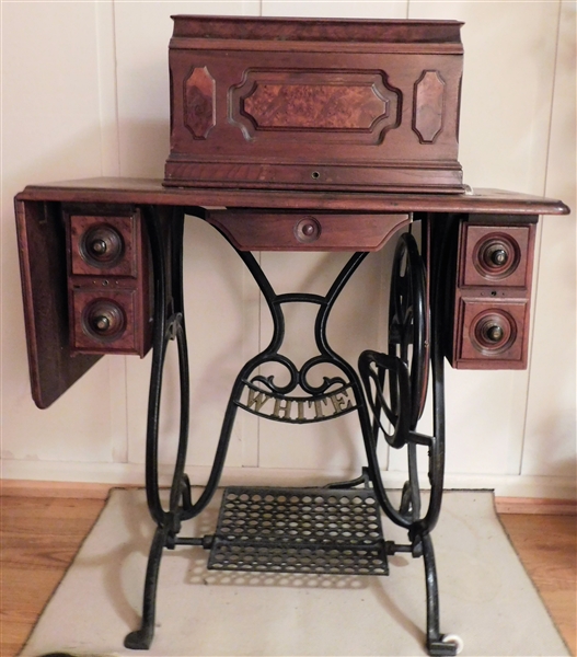 Rare Walnut Eastlake Style  White Sewing Machine - Iron Base - Folding Sewing Platform 