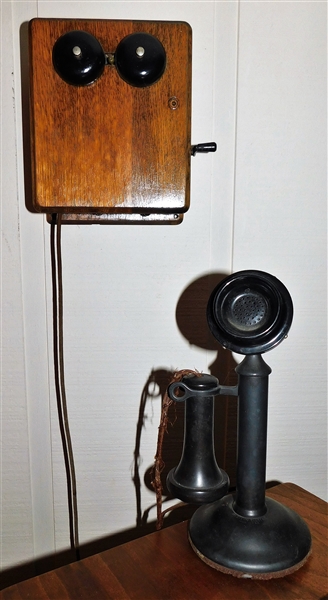 Candlestick Telephone with Oak Wall Box 