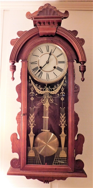 Nice Walnut Hanging Wall Clock - Gold Stencil Design on Door - 36" long 13" wide - With Key and Pendulum 