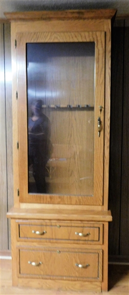 Oak Locking Gun Cabinet - Designed to Hold 8 Long Guns - 2 Locking Drawers at Bottom - with Key - 84" tall 32" by 16"