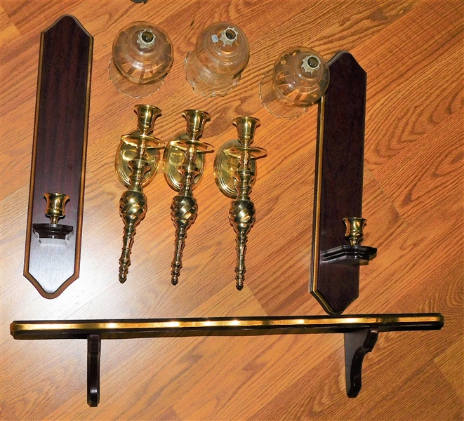 3 Brass Candle Sconces and 2 Wood Candles Sconces and Matching Shelf