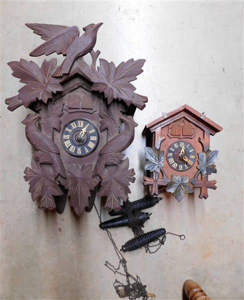 2 Cuckoo Clocks  - Larger one Missing Hands - Both Have Weights - Largest is 16" Smaller 9" - NO PENDLUMS 